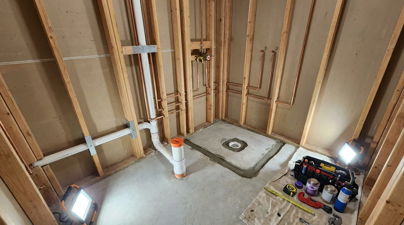 Bathroom rough-in plumbing during remodel by Johns Plumbing LLC in Forest City